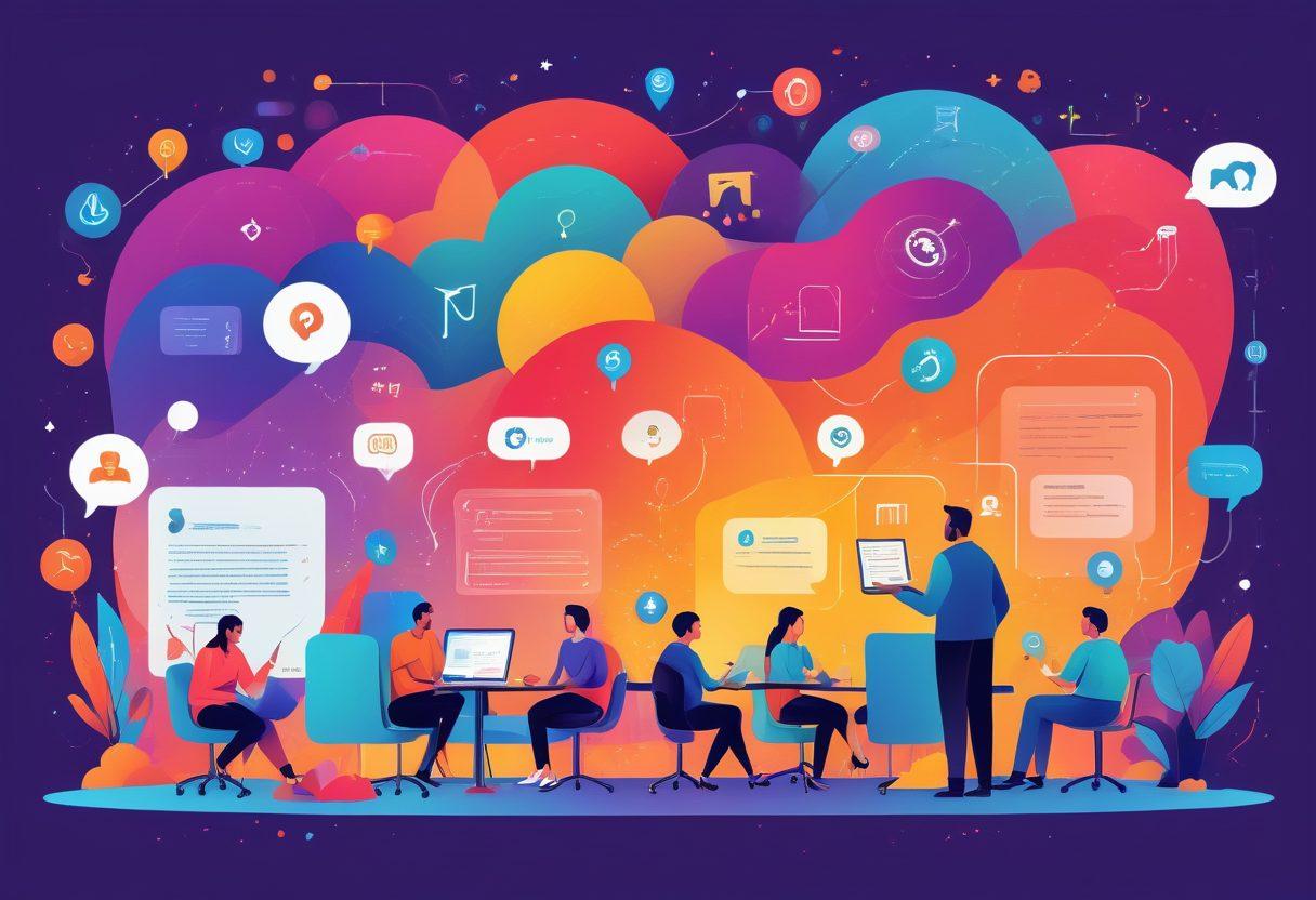 A visually engaging illustration depicting a diverse group of users navigating through a sleek, interactive forum interface, surrounded by various Linux symbols and icons. Include elements like a question mark and conversation bubbles to represent FAQs, along with a roadmap in the background portraying a journey of learning. Integrate warm and inviting colors to create an inviting atmosphere. illustration. vibrant colors. flat design.